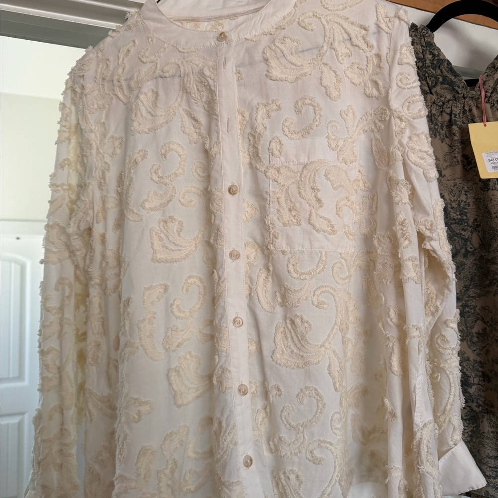 Anthropologie Cream Textured Button-Up Blouse